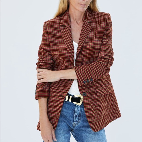 zara red check blazer
